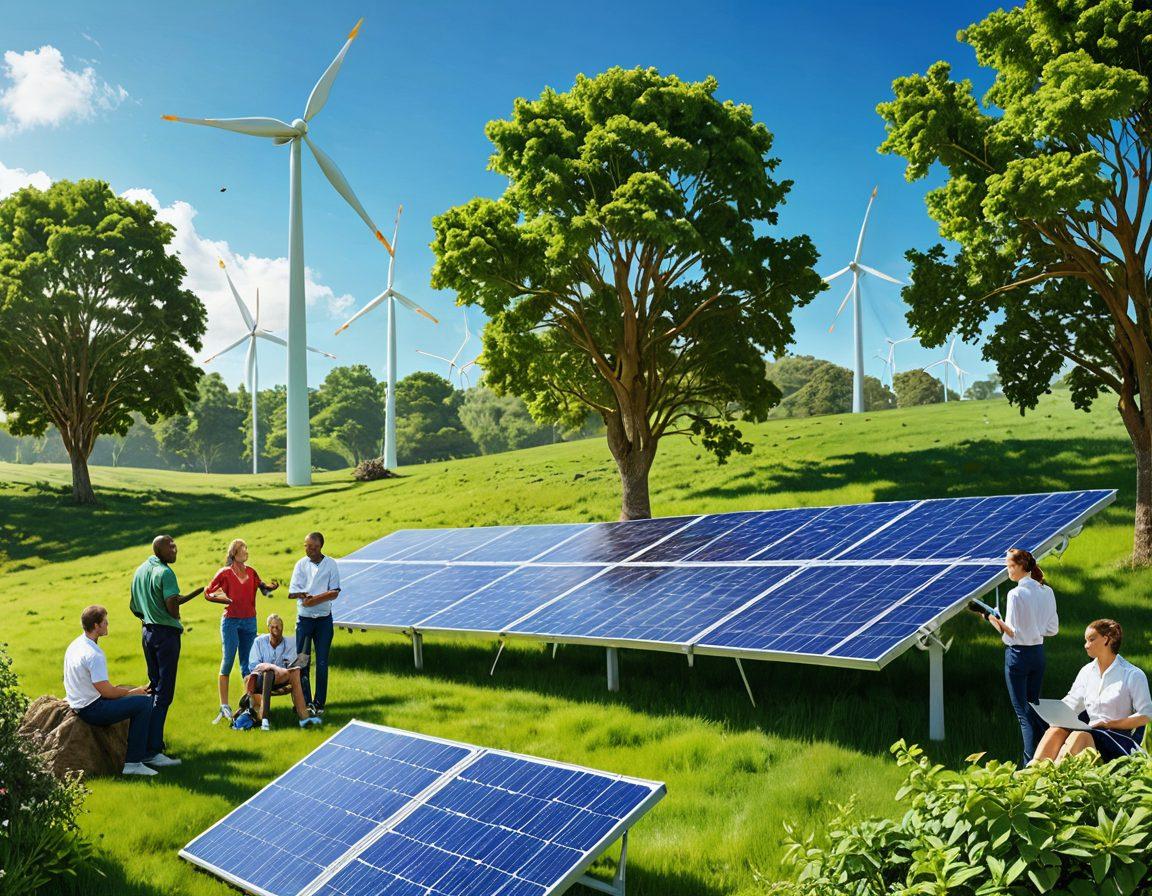 A dynamic illustration featuring a diverse group of people engaging with renewable energy solutions, like solar panels and wind turbines, while discussing insurance plans. The background should include a green landscape symbolizing sustainability and innovation, with an insurance logo subtly integrated. Bright, uplifting colors to convey optimism and progress in clean energy. super-realistic. vibrant colors. 3D.