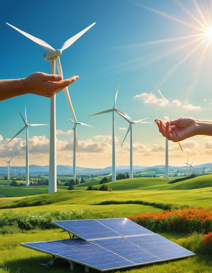 A symbolic representation of a flourishing green landscape, showcasing a diverse group of people happily engaging with solar panels and wind turbines, symbolizing the connection between insurance coverage and renewable energy. Incorporate elements like hands holding a glowing heart that transforms into a solar panel and a wind turbine, representing empowerment and sustainability. Use vibrant colors and soft light to evoke a sense of hope and positivity. Incorporate a textured background that feels organic and inviting. super-realistic. vibrant colors.
