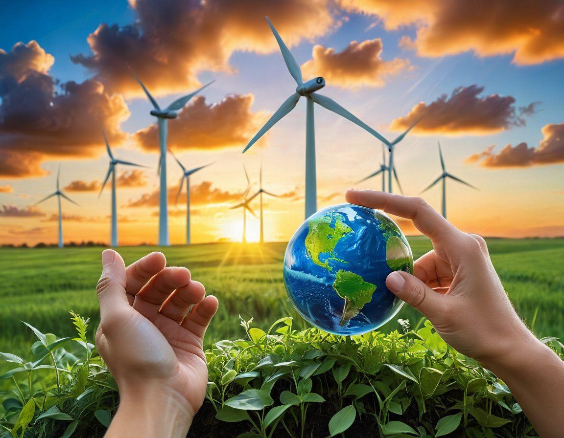 A serene landscape featuring a lush green field with wind turbines gently spinning in the background, symbolizing sustainable energy. In the foreground, hands cradling a small globe made of leaves, representing care for the planet. Soft sunlight filters through the clouds, creating a warm and inviting atmosphere. The scene should evoke feelings of compassion and sustainability. vibrant colors. super-realistic.